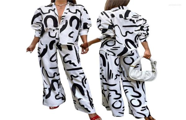 

women039s two piece pants women039s pant set spring autumn casual outfit long sleeve lapel button down shirt pattern print w2070930, White