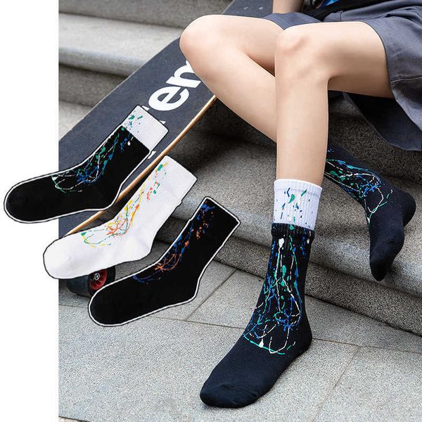 

trendy socks for men and women couples street hip hop fashion double rib design speckled black and white solid sports medium socks