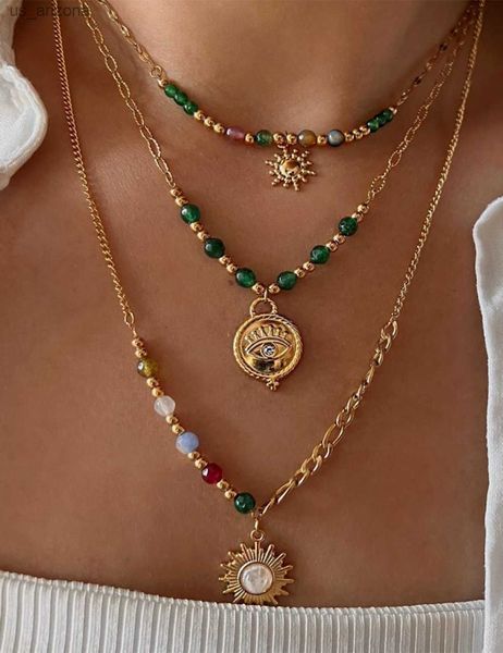 

uworld dazzling stainless steel natural stone sun pendant necklace handmade aventurine necklace for gift collares para mujer l230620, Silver