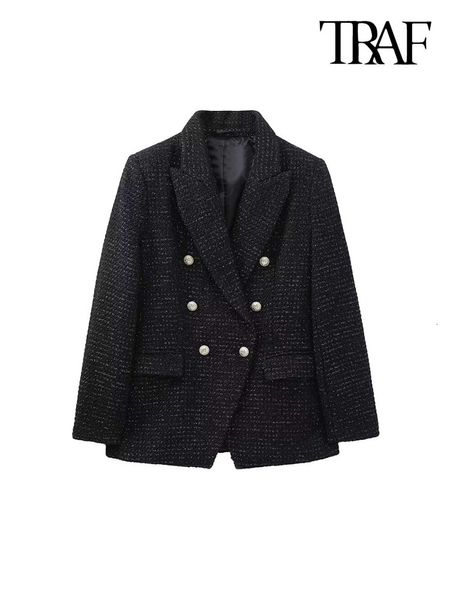 

women's suits blazers traf women fashion tweed double breasted blazer coat vintage long sleeve flap pockets female outerwear chic veste, White;black