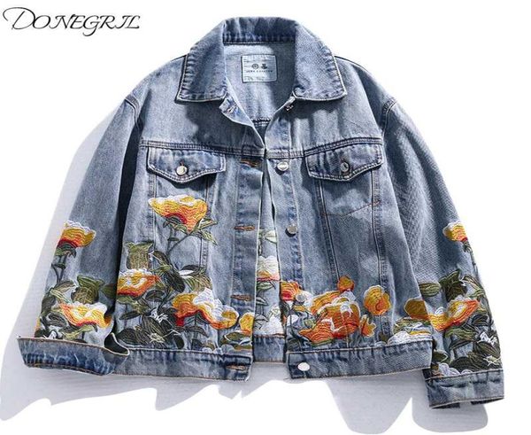 

2020 spring autumn new embroidered flower jeans jacket women loose short coat denim jacket vintage casual outerwear womens9120485, Black;brown