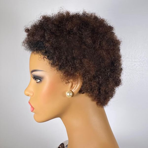 

synthetic wigs ombre highlight honey brown low cut afro wigafro pixie wigshort wig 200% density 100% remy human hair 230808, Black