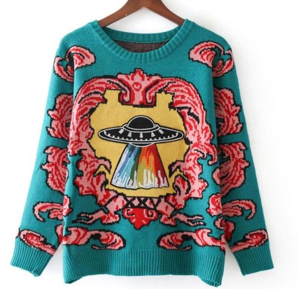 

2021 autumn women new vintage warm sweaters ufo clouds jacquard pullovers winter autumn knitted retro loose blusas2869504, White;black