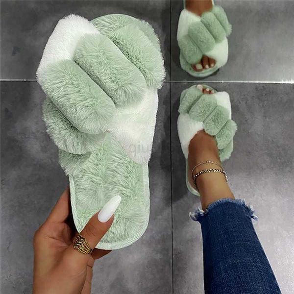 

slippers warm fluffy slippers women faux fur cross indoor floor slides flat soft furry shoes ladies female non slip house shoes whosale, Black