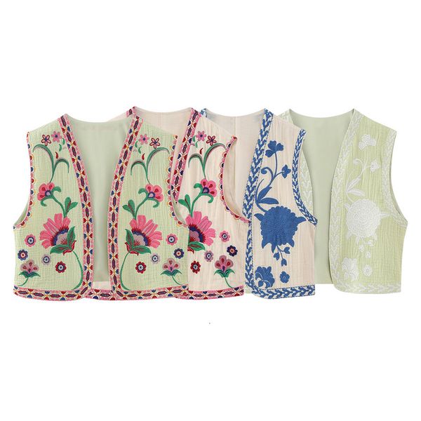

women's vests women floral embroidery vest fashion vintage national style patchwork short vest summer casual vacation open waistcoat 23, Black;white