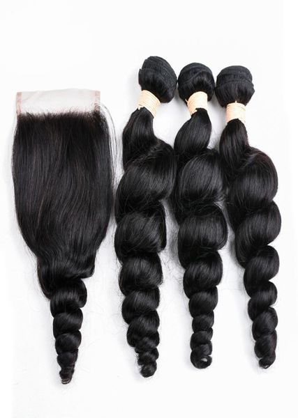 

brazilian loose wave bundles with lace closure brazilian remy human hair loose wave 3 bundles with 4x4 lace closure natural color2642086, Black;brown