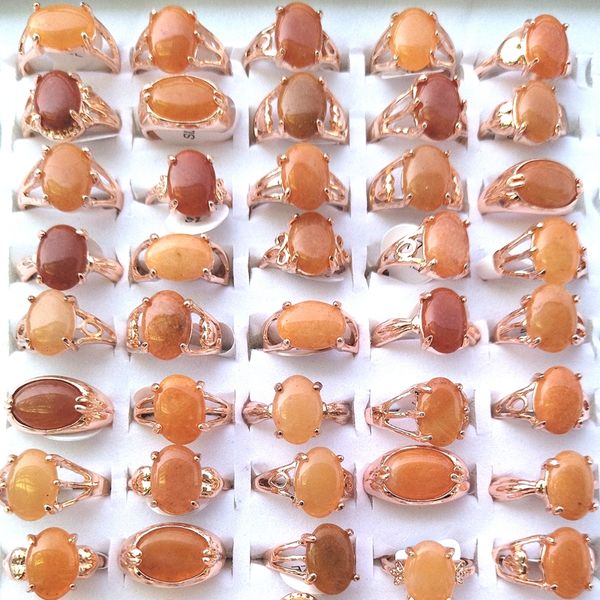 

50pcs natural yellow agate rings mixed size for women with rose gold color base, Golden;silver