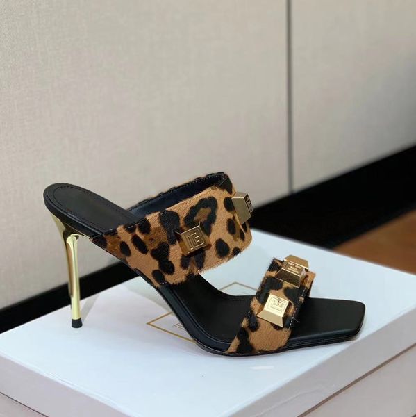 

horse fur leather printing stiletto slippers mules sandals women's leather outsole evening shoes luxury designer high shoes factory foo, Black