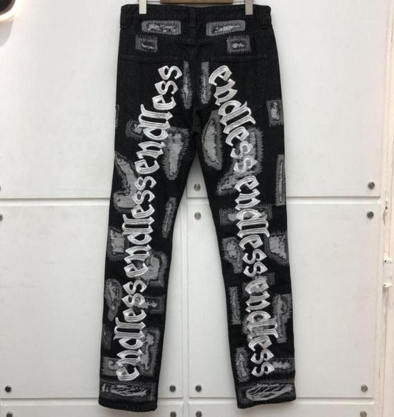 

men039s jeans endless damage hole distressed denim jean men women straight fluorescent green letter embroidery pants3645419, Blue