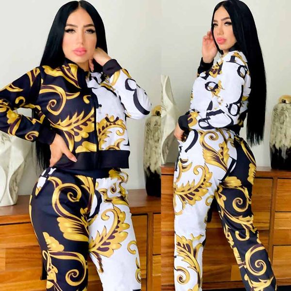 

autumn women's fashion elegant pants letter casual set long sleeve pants two piece set printed zipper, White