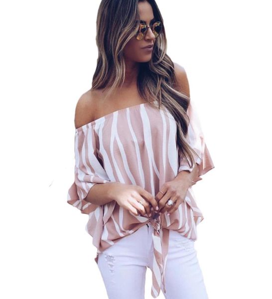 

chiffon blouse women fashion striped shirt summer off shoulder casual bow tie bandage women blouses shirts blusa mujer sxl6072568, White