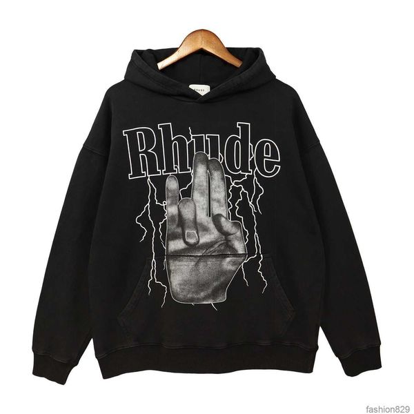 

fashion brand rhude lightning gesture letter wash hooded sweater men and women high street hoodie coat, Black