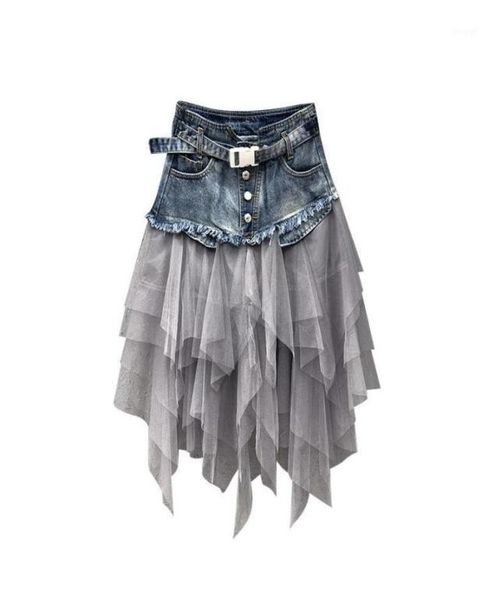 

skirts summer denim jeans skirt women irregular high waisted tulle mesh patchwork pockets pleated midcalf tutu 2021 street14520262, Black