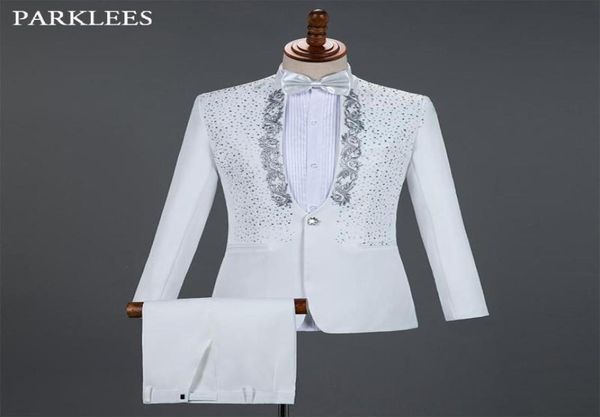 

white embroidered suit men diamond wedding groom tuxedo suits men stage singer costume homme party prom mens suits with pants2218409, White;black