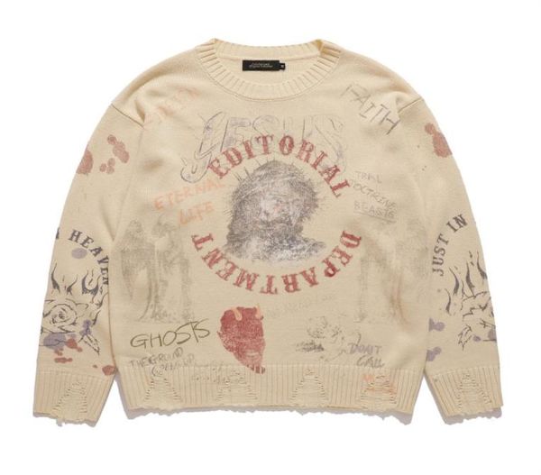 

sweaters men039s vintage printed knitted hip hop pullover sweater streetwear fashion casual loose 9492691, White;black