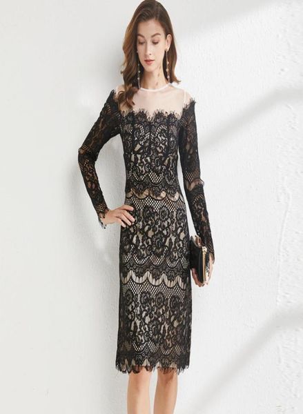 

women039s runway dresses o neck long sleeves embroidery lace patchwork fashion straight autumn dress vestidos3061380, Black