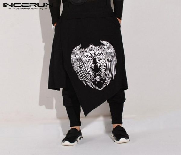 

incerun fashion men harem pants print joggers elastic waist punk irregular trousers streetwear men skirts pants harajuku s5xl 7 27682502, Black