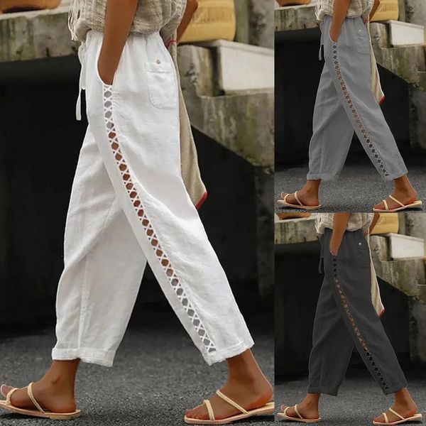 

women's pants s casual women cotton linen vintage lace stitching hollow loose trousers fashion solid pocket female harem streetwear 230, Black;white