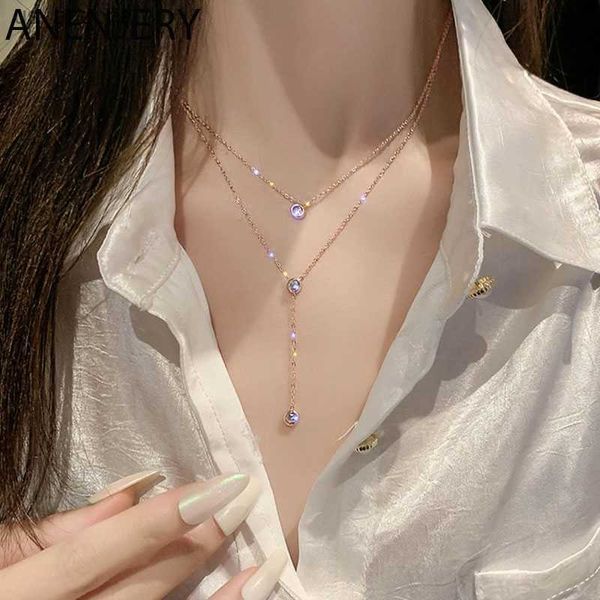 

anenjery silver color zircon tassel double layer necklace for women gentle temperament clavicle chain simple jewelry l230620