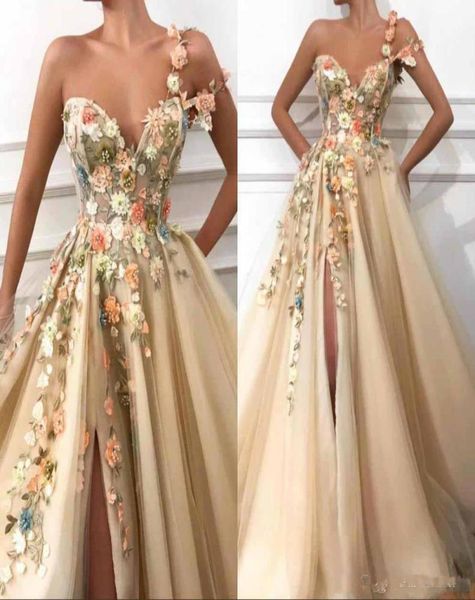

one shoulder tulle a line long prom dresses 3d floral lace applique beaded split floor length formal party evening dresses7682466, Black