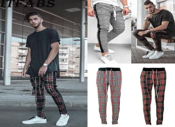 

mens pants fashion trendy men trousers side stripe check tracksuit bottoms skinny sweat plaid pant fitness drawstring elastic wais8535752, Black
