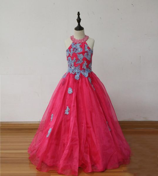 

100 real image fuchsia pink organza girls pageant dresses crew neck appliques keyhole back children christmas birthday party dre4119061, White;red