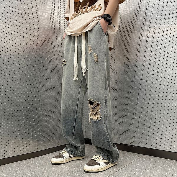 

mens jeans autumn men baggy hole fashion loose straight wide leg pants casual male denim trousers streetwear y2k 230809, Blue