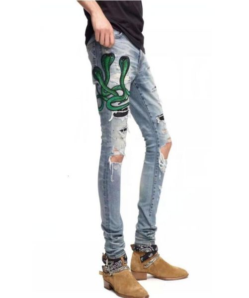 

mens distressed motorcycle biker jeans rock skinny slim ripped hole stripe fashionable snake embroidery denim pants2241429, Blue