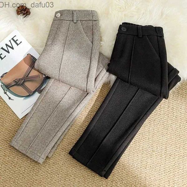 

women's pants capris lucifer autumn winter wool pants women's high waist plus velvet thick casual haute trousers solid warm office, Black;white