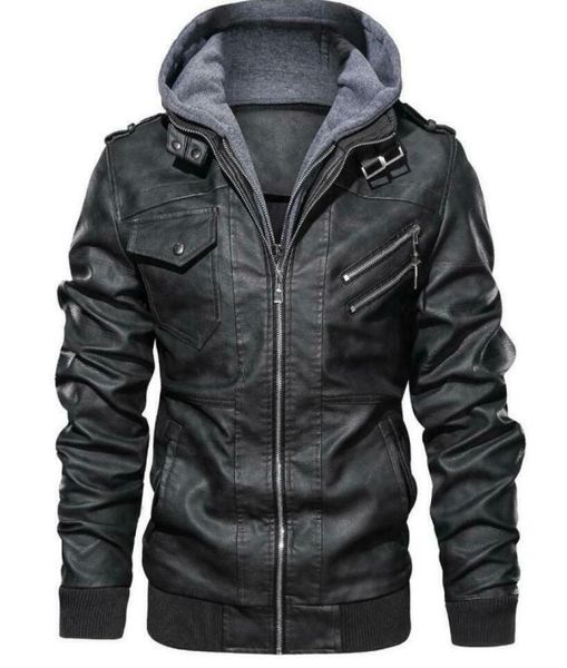 

men denzell outwear anarchist leather jacket hooded motorcycle coat biker style8477395, Black