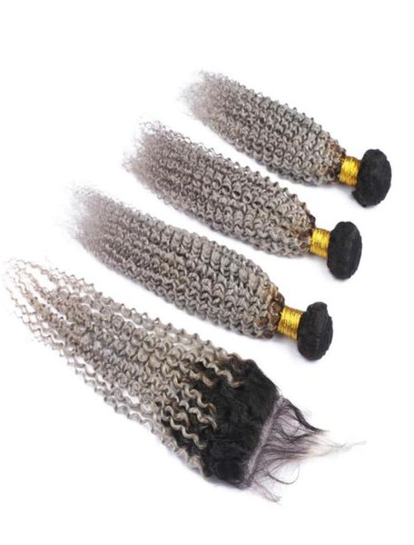 

ombre silver grey brazilian human hair bundles dark root with closure kinky curly 1bgrey ombre virgin hair wefts with lace closu584917759, Black;brown