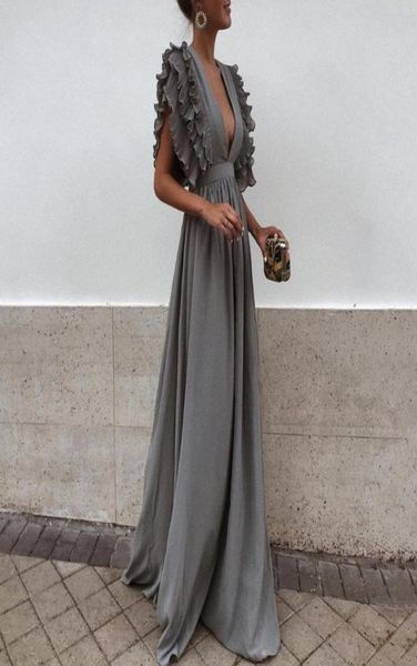 

2018 new fashion women dress gray v neck backless flying short sleeves maxi dress summer solid beach party long6785870, Black;gray