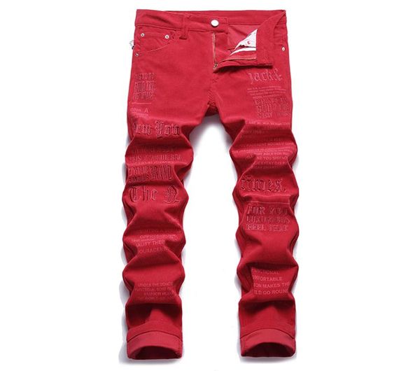 

red corduroy letter embroidered jeans slim fit stretch men039s casual pants autumn winter denim trousers fashion streetwear man5457483, Blue