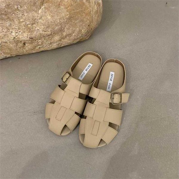 

slippers women muller shoes slip on lazy female solid color woven summer sandals outdoor casual ladies round toe slides, Black