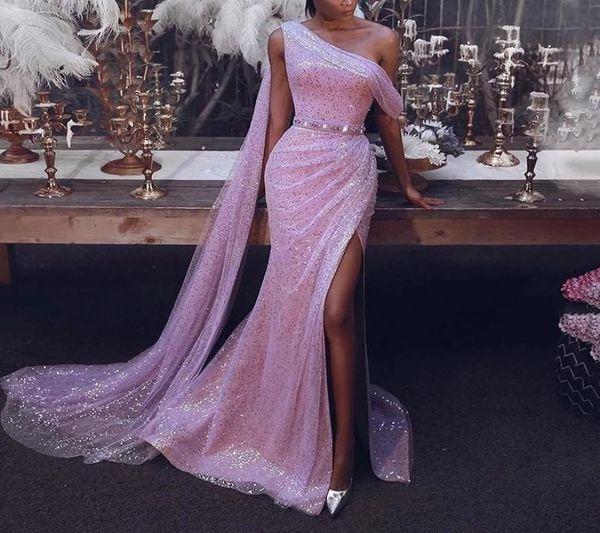 

elie saab 2019 prom dresses one shoulder long sleeve sequined evening gowns ankle length side split formal cocktail special occasi9213697, Black