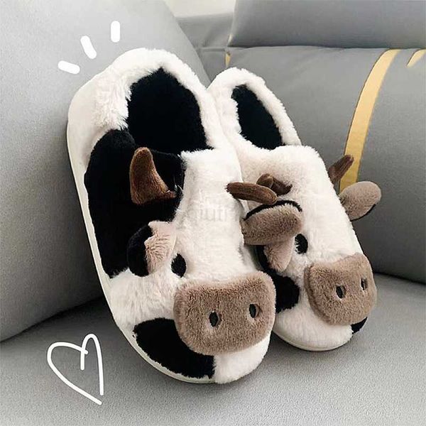 

slippers 2023 new cute cows plush women's slippers winter warm plush home slippers couples indoor shoes fashion kawaii baotou slippers, Black
