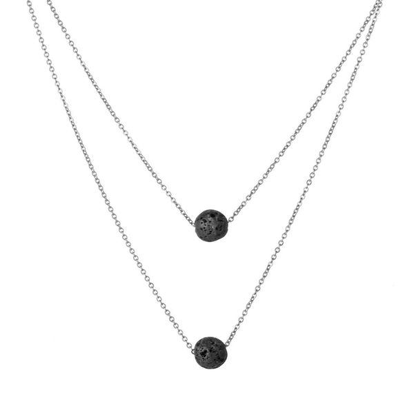 

fashion black lava stone necklaces vintage multilayer chain essential oil diffuser rock beads pendant necklace women jewelry7115529, Silver