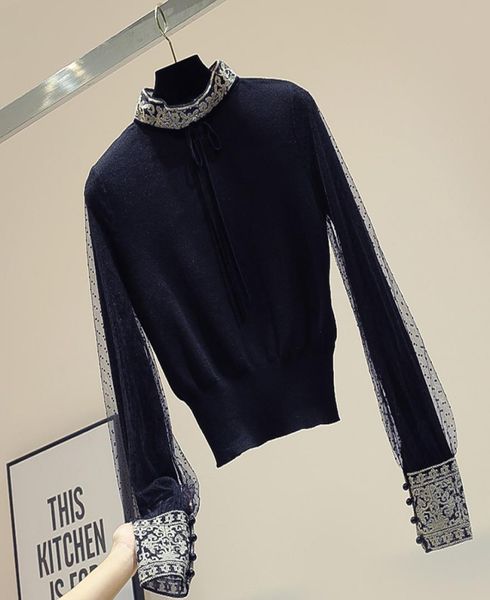 

2020 new women039s stand collar embroidery lace long sleeve gauze dotted patchwork knitted slim waist short sweater pullover ju4875387, White;black