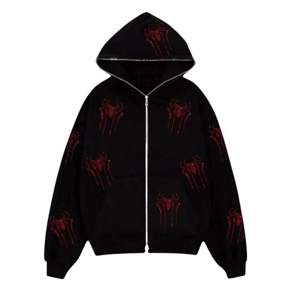 

women's hoodies sweatshirts rhinestones red spider print y2k women zip up long sleeve oversized black hoodie gothic punk fashion casual