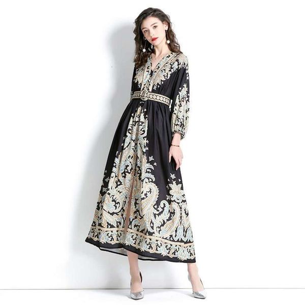 

womens spring resort v neck lantern sleeves print long dress clothing, Black;gray