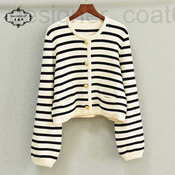 

basic & casual dresses designer 2023 early spring new ce home wool black and white stripe gold buckle high waist sweater women's short, Black;gray