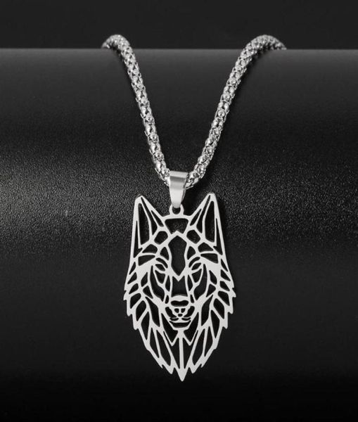 

hollow wolf head pendant necklace for men silver color stainless steel punk forest animals wolf long chain necklaces jewelry294y6805077