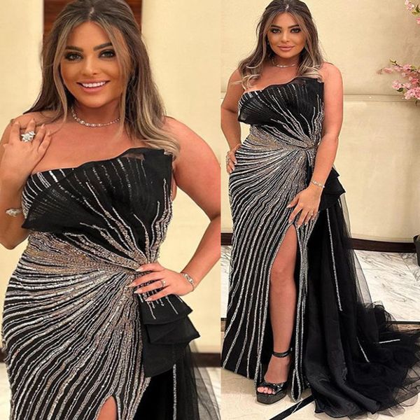 

2023 aso ebi black sheath prom dress beaded high split evening formal party second reception birthday engagement gowns dresses robe de soire