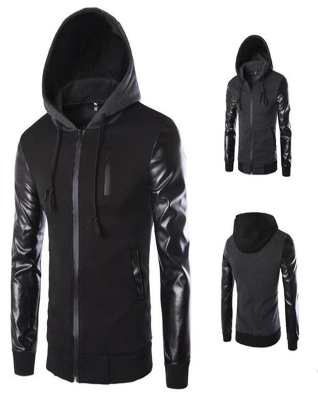 

2020 winter autumn men 039s hooded jacket coat fashion stitching leather sleeve male zipper casual overcoat black dark gray m26021526, Black;brown