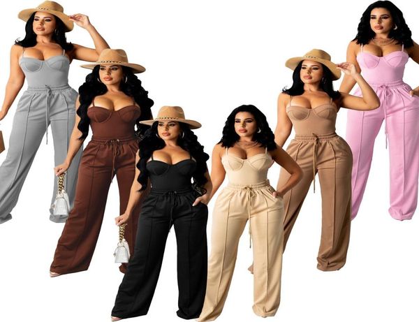 

women039s two piece pants women039s halter vest drawstring stereoscopic wide leg suit7592025, White