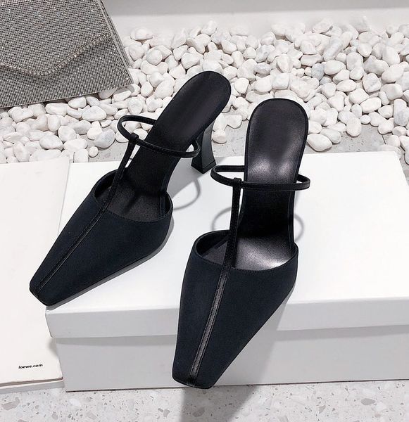 

the row sandals designer women luxury leather calfskin fashion elegant square toe high heel slide summer beach dress, Black