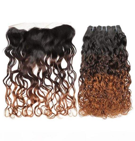 

t1b 4 30 ombre lace frontal closure with bundles brazilian water wave weaves 3 bundles with ear to ear lace closure7008533, Black;brown