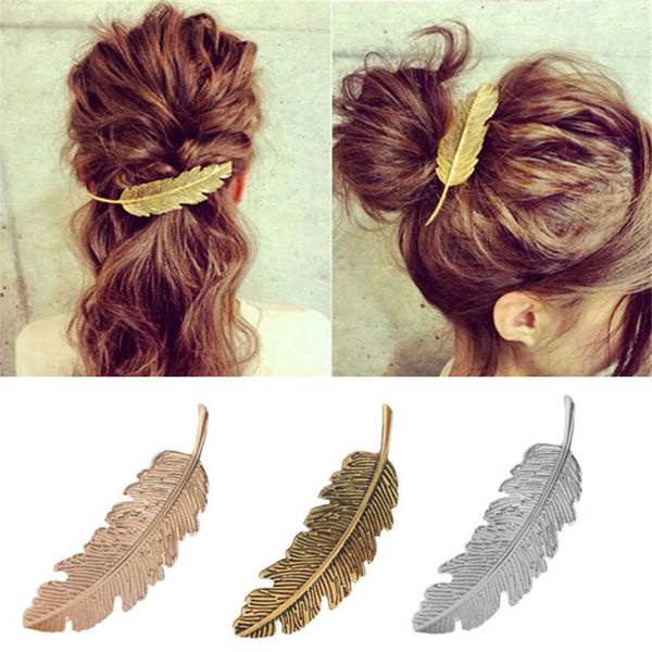 

new alloy vintage hair clip feather leaf shape barrette metal hairpins for women lady headwear hair accessories, Slivery;white