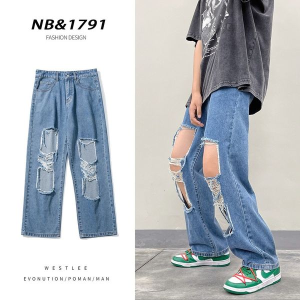 

mens jeans ripped jeans mens summer design sense niche pants high street ins hiphop straight 230808, Blue