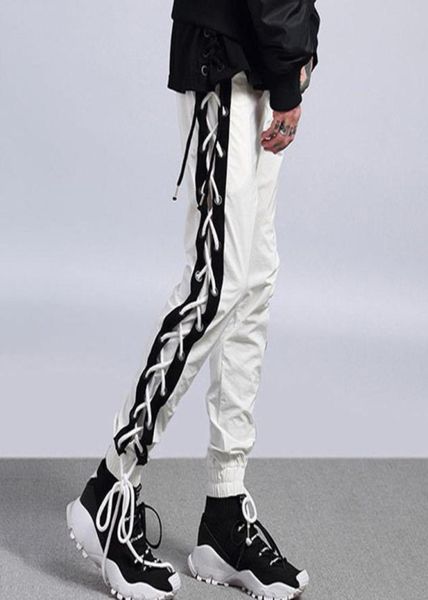 

side cross lace up strings men jogger pants black and white panelled track pants7090875